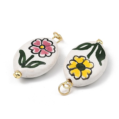 Hand Painted Flower Pattern Oval Porcelain Pendants PALLOY-JF05562-1