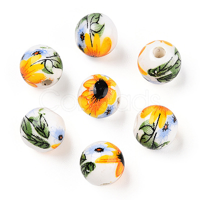 Floral Printed Porcelain Beads PORC-E021-01B-1