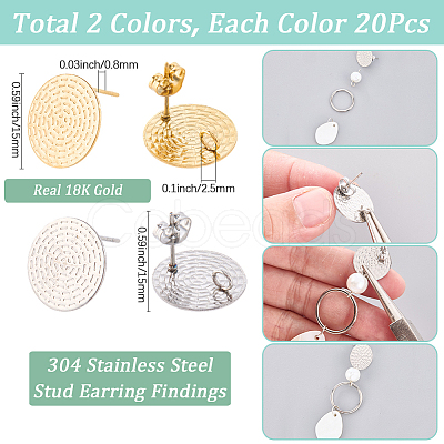 40Pcs 2 Colors 304 Stainless Steel Stud Earings Finding STAS-SC0010-40-1