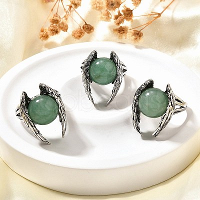 Natural Green Aventurine Wings Adjustable Rings RJEW-K241-04AS-12-1