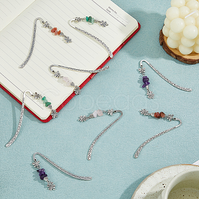12Pcs 4 Styles Natural Rose Quartz & Green Aventurine & Amethyst & Red Agate Chips & Alloy Clover Charms Bookmarks AJEW-HS00008-1