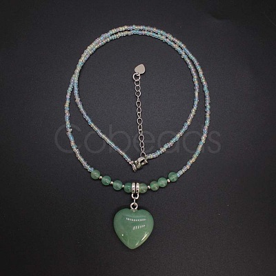 Natural Gemstone Heart Pendant Colorful Glass Seed Beads Beaded Necklaces for Women VA8487-5-1