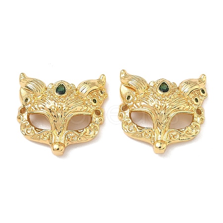 Brass Micro Pave Green Cubic Zirconia Fox Mask Connector Charms KK-H526-11G-02-1