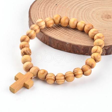 Cross Wood Beaded Stretch Charm Bracelets BJEW-JB02219-1