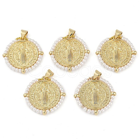 Saint Benedict Medal Brass & ABS Plastic Pearl Pendants KK-U032-10G-1