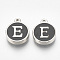 Alloy Enamel Charms, Flat Round with Letter, Platinum, Black, Letter.E, 14x11.5x2.5mm, Hole: 1mm