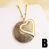 Brass Pave Clear Cubic Zirconia & Natural Paua Shell Flat Round with Heart Pendant Necklaces for Women WG481B6-02-1