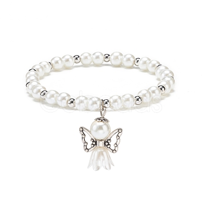 Glass & Plastic Imitation Pearl Beaded Stretch Bracelet with Alloy Fairy Charm for Women BJEW-JB08704-1