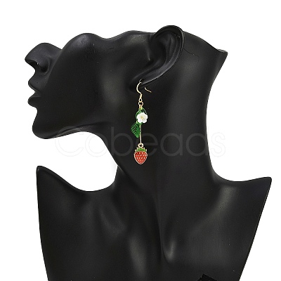 Strawberry Alloy Enamel & Acrylic Leaf Dangle Earrings EJEW-JE06625-1