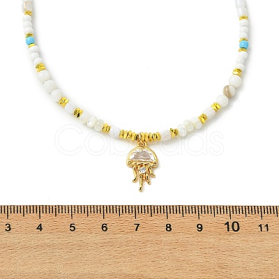 Ocean Brass Pave Clear Cubic Zirconia Sea Animals Pendant Natural Shell and Glass Seed Beaded Necklaces for Women NJEW-JN06345-03-1