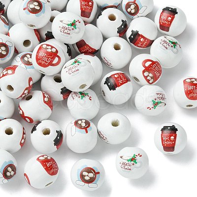 80Pcs 4 Styles Coffee Printed Wooden European Beads WOOD-CJ0001-82-1