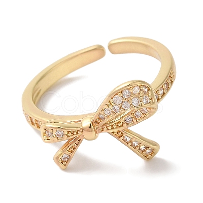 Bowknot Brass Micro Pave Clear Cubic Zirconia Open Cuff Rings for Women RJEW-C098-25G-1