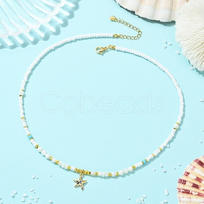 Ocean Brass Pave Clear Cubic Zirconia Sea Animals Pendant Natural Shell and Glass Seed Beaded Necklaces for Women NJEW-JN06345-1