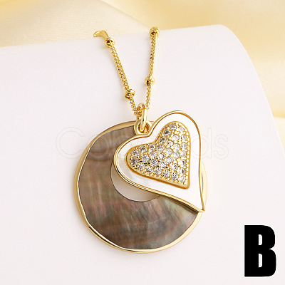 Brass Pave Clear Cubic Zirconia & Natural Paua Shell Flat Round with Heart Pendant Necklaces for Women WG481B6-02-1