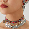 Alloy Rhinestone Flat Round Coin Tassel Necklaces & Stud Dangle Earrings Sets FS-WG925BB-06-1