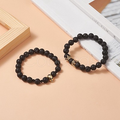 2Pcs 2 Style Natural Lava Rock & Brass Beaded Stretch Bracelets Set BJEW-JB09244-04-1