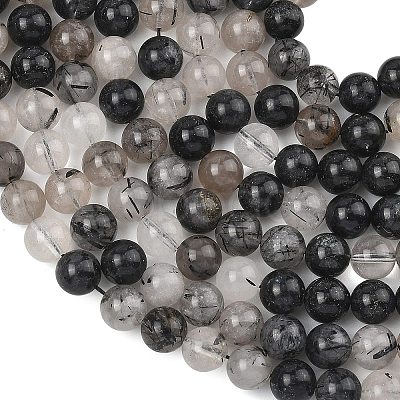 Natural Tourmalinated Quartz/Black Rutilated Quartz Beads Strands G-D361-01A-6-7mm-1