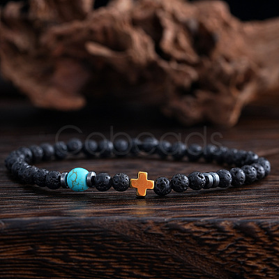 Natural Lava Rock & Synthetic Turquoise Round & Synthetic Non-magnetic Hematite Corss Beaded Stretch Bracelets LS-SL0705-1