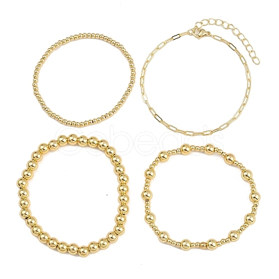 4Pcs 4 Styles Brass Round Beads Stretch Bracelets & Chain Bracelets for Women BJEW-D357-05G-1