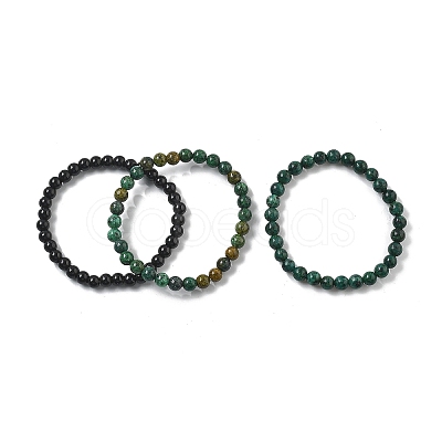 3Pcs 3 Style Natural African Turquoise(Jasper) & Black Agate Round Beaded Stretch Bracelets Set PW23030764297-1