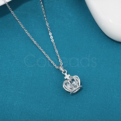 925 Sterling Silver Crown with Cross Pendant Necklace for Women NJEW-WH0002-58-1