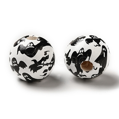 Printed Round Wood European Beads WOOD-M006-01-1