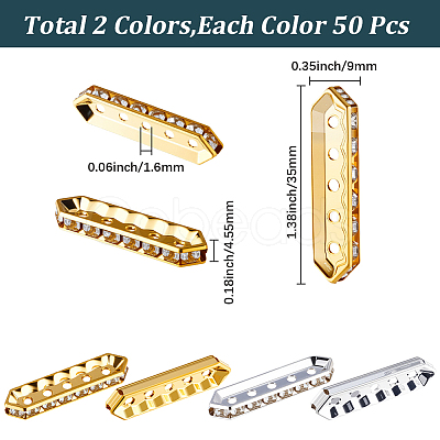 100Pcs 2 Colors Brass Crystal Rhinestone Spacer Bars ALRI-SC0001-61B-1