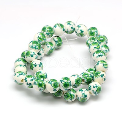 Handmade Flower Printed Porcelain Ceramic Beads Strands PORC-M007-10mm-16-1