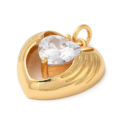 Heart with Wing Rack Plating Brass Clear Cubic Zirconia Pendants KK-K377-20G-1