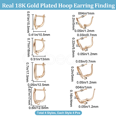 Beebeecraft 16Pcs 4 Styles Brass Hoop Earring Findings with Latch Back Closure KK-BBC0008-19-1