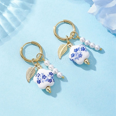 Brass Flower with Leaf Hoop Earrings EJEW-JE06745-1