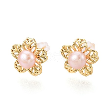Flower Brass Natural Pearl Stud Earrings PEAR-N017-07F-1