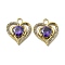 304 Stainless Steel Pendants, with Violet Rhinestone, Heart Charms, Real 14K Gold Plated, 19x16.5x4mm, Hole: 2.5mm