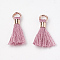 Polycotton(Polyester Cotton) Tassel Pendant Decorations, Mini Tassel, with Brass Findings, Light Gold, Old Rose, 10~15x3~4mm, Hole: 2mm