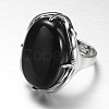 Adjustable Oval Brass Natural Dyed & Heated Black Agate Wide Band Rings RJEW-L062-03O-2