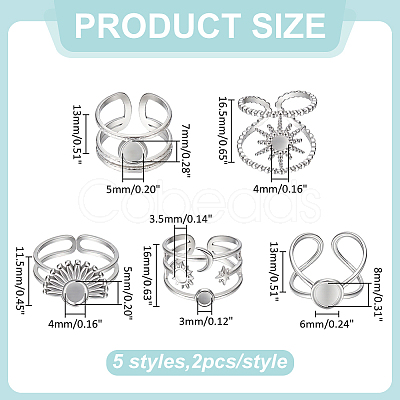 10Pcs 5 Styles 304 Stainless Steel Cuff Rings Components STAS-ME0003-25-1
