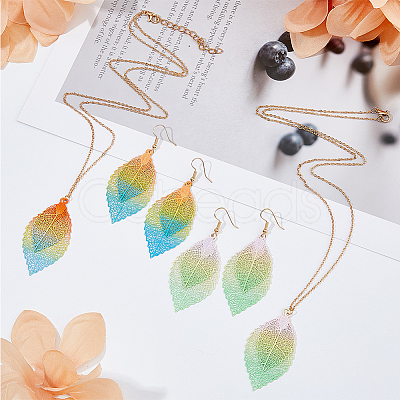2 Sets 2 Colors Filigree Leaf Pendant Neclace & Dangle Earrings SJEW-FI0001-03-1