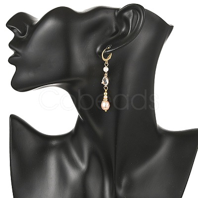 Teardrop Brass & Natural Cultured Freshwater Pearl Hoop Earrings EJEW-JE07012-1