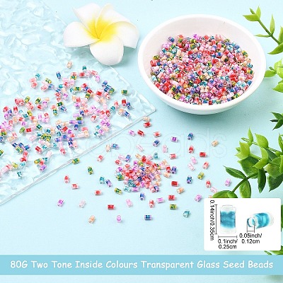 80G 8 Colors Two Tone Inside Colours Transparent Glass Seed Beads SEED-YW0003-18-1