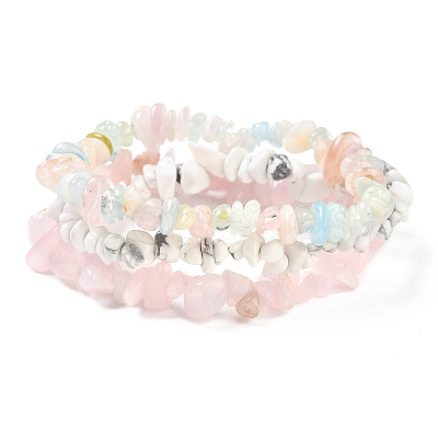 Chips Natural Rose Quartz & Morganite & Howlite Beaded Stretch Bracelets Sets BJEW-JB05332-04-1