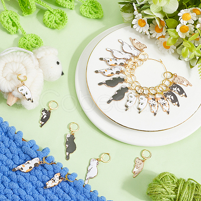 21Pcs 7 Styles Cat Alloy Enamel Pendant Locking Stitch Markers HJEW-SC00113-1