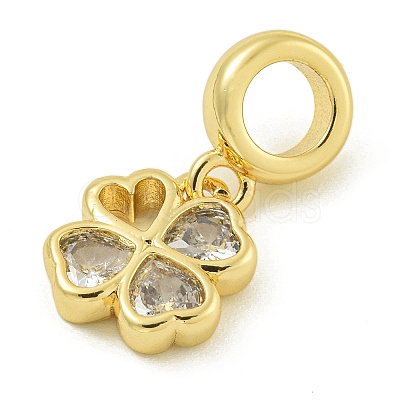 Rack Plating Brass Pave Clear Cubic Zirconia Clover European Dangle Charms KK-Z067-36G-1