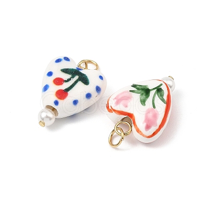 Hand Painted Floral & Cherry Pattern Heart Porcelain Pendants PALLOY-JF05560-1