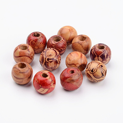 Round Printed Wood Beads X-WOOD-R243-13mm-M2-1