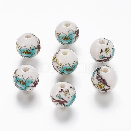 Floral Printed Porcelain Beads X-PORC-Q199-12mm-17-1