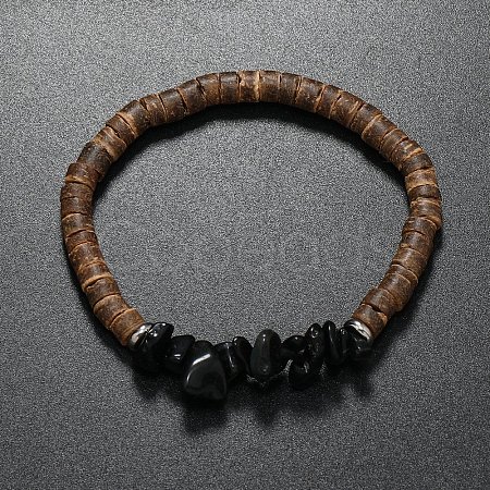 Natural Obsidian Chips & Coconut Disc Beaded Stretch Bracelets PW-WG68238-03-1