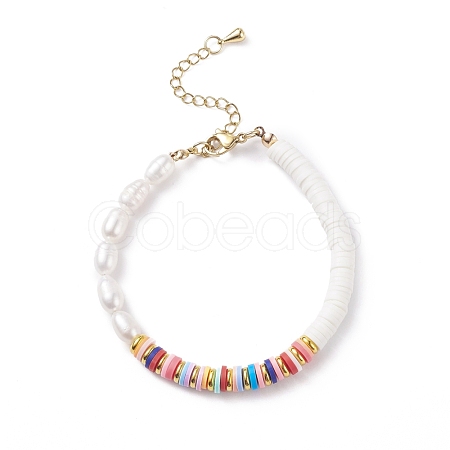 Natural Pearl & Polymer Clay Beaded Bracelet BJEW-TA00085-1