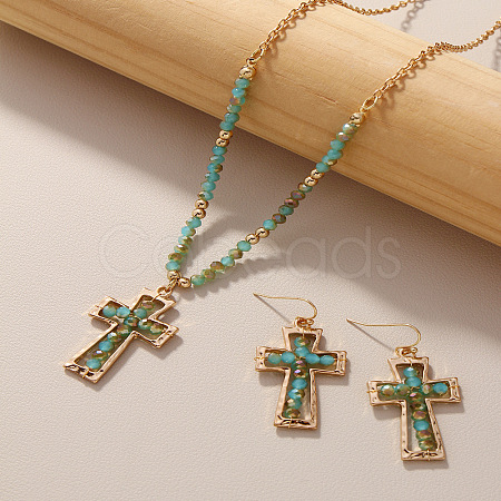 Cross Zinc Alloy Glass Pendant Necklaces & Dangle Earrings FS-WG71EA0-01-1