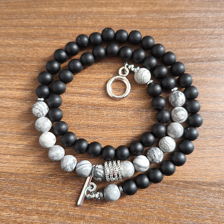 6mm Natural Map Stone & Obsidian Round Beaded OT Necklaces for Men Women DT8400-2-1