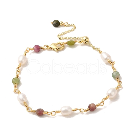 Natural Pearl & Dyed Tourmaline Beaded Bracelet BJEW-C051-18G-1